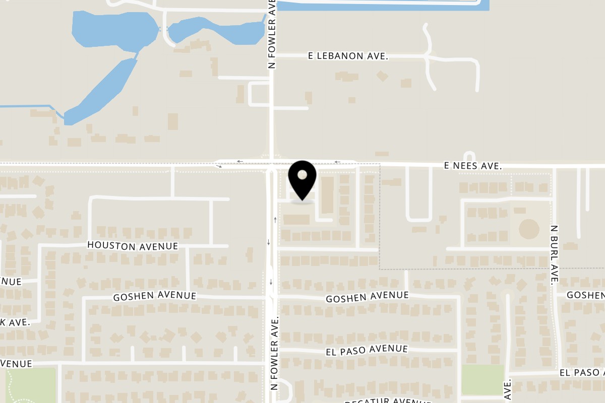 Map showing the location of Sunnyside Pizza on 1175 N Fowler Ave in Clovis
